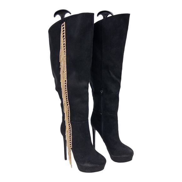 Shoe Dazzle Black Cha-Ching Gold Rhinestone Chain Embellished Knee Boots 6.5 - Picture 4 of 14